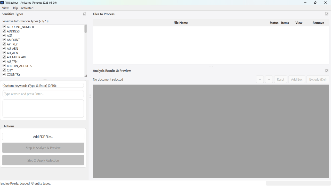 Offline desktop PDF redaction application processing files locally