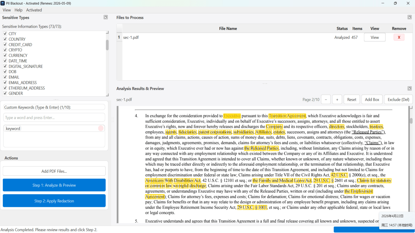 PDF redaction analyze preview highlighting sensitive text before applying