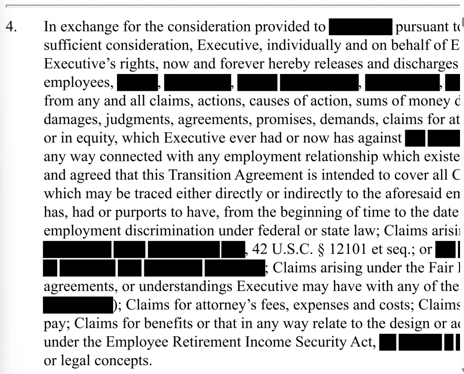 Redacted contract PDF with party names, dates, and titles permanently removed