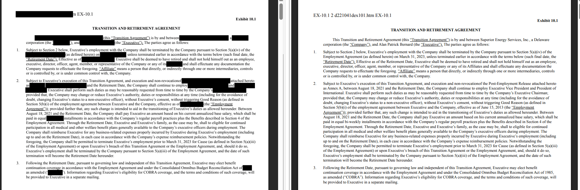 Document redaction side-by-side: redacted export on the left, original on the right