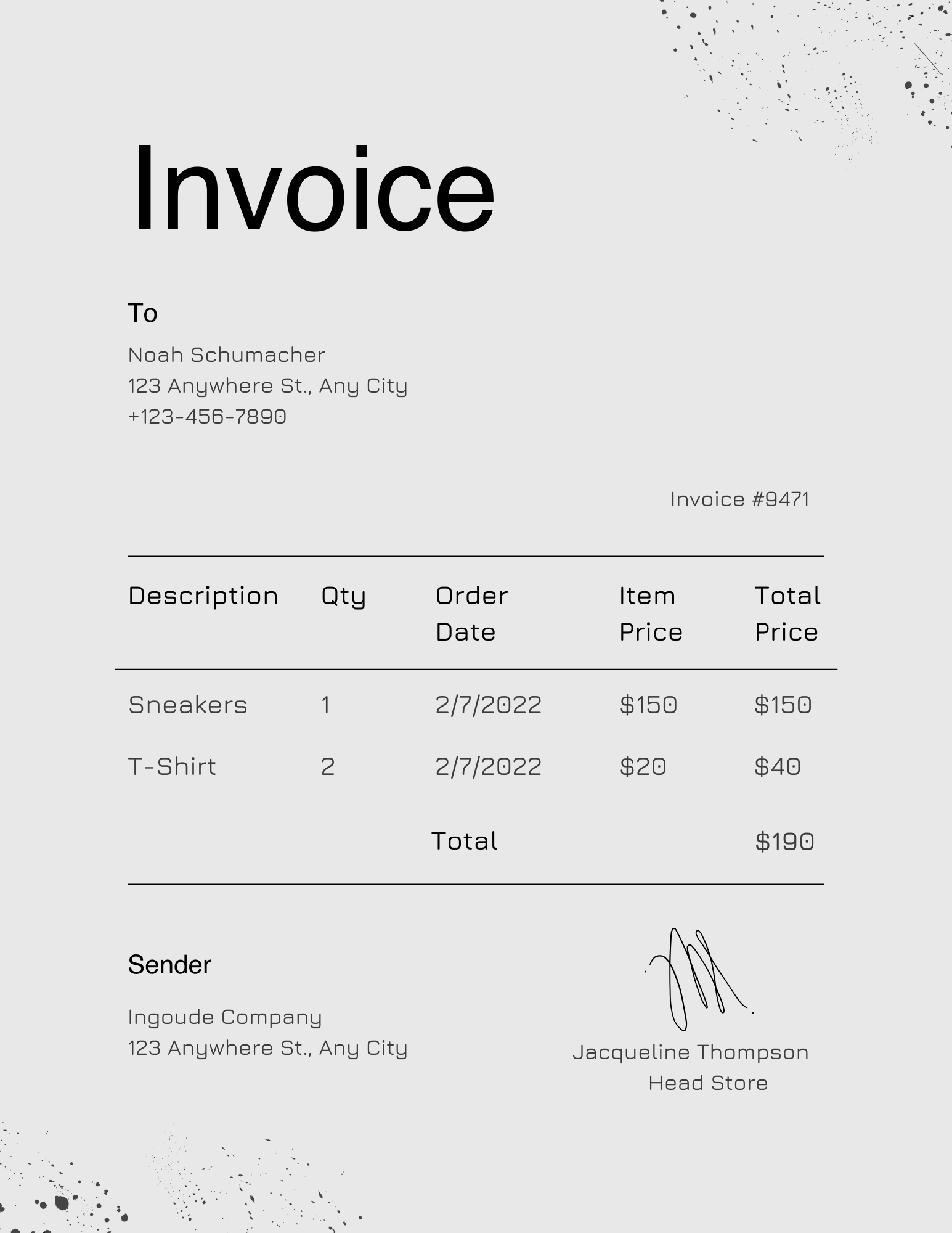 Business invoice PDF with bill-to name, address, phone, line items, and signature block