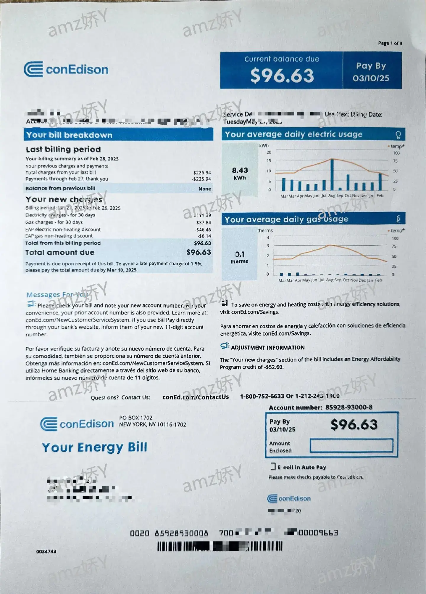 Utility bill PDF with account holder address, account number fields, and payment stub barcode area